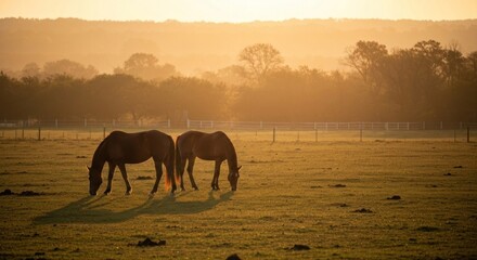 Two horses graze in a sunlit field, with a hazy forest and sky in the background