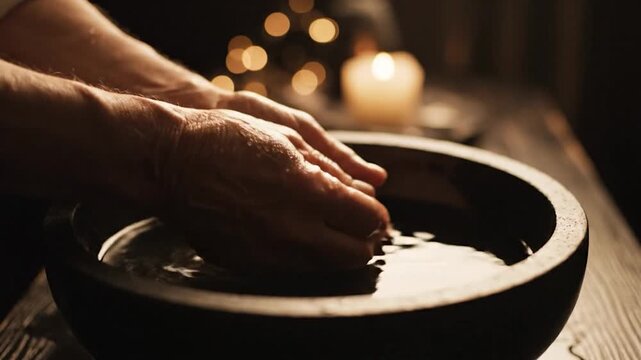 Hands immerse water wooden bowl warm light dark background