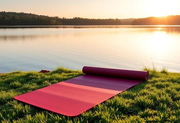A yoga mat unrolled on green grass by a calm lake at sunrise, bathed in soft morning light,  health,  outdoors
