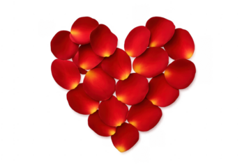 Red rose petals forming heart shape on transparent background