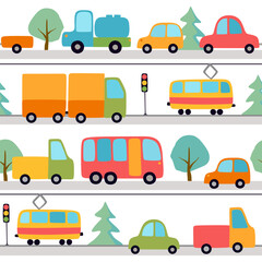 Colorful seamless pattern with trams, cars, buses, trucks, trees and traffic lights