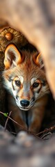 Obraz premium Tiny wolf kit peeking from den, nose twitching, ears perked Sweet, wild, curious , wolf kit, baby wolf