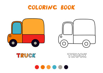 Coloring book with covered truck. Simple task for children - color according to the sample