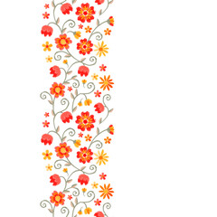 Floral seamless vertical border with pattern from small red and yellow embroidered flowers on white background