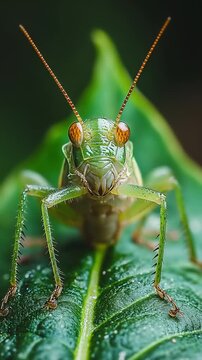 Close-up of a vibrant green grasshopper perched on a leaf in nature