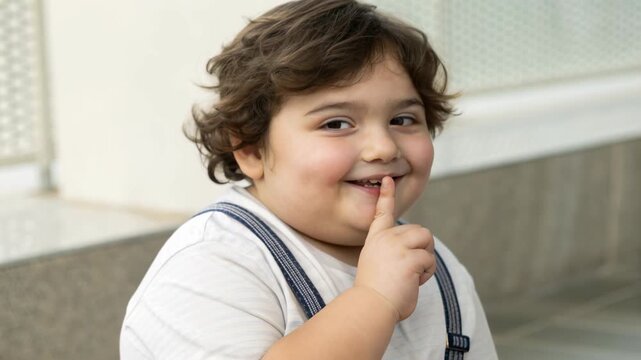 Chubby child smile finger lips secret suspenders curly hair casual clothing outdoor smiling child with finger to lips making playful secret gesture