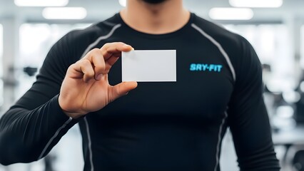 Personal Fitness Trainer or Coach Holding Blank White Card Mockup in Modern Gym