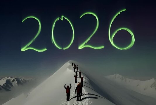 Climbers on snowy peak with northern lights forming 202
