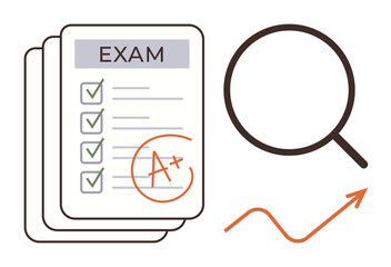 Stacked exam papers with graded A, checkmarks, magnifying glass, rising arrow for progress. Ideal for education, performance, success, analysis growth reviews academic achievement. Simple flat