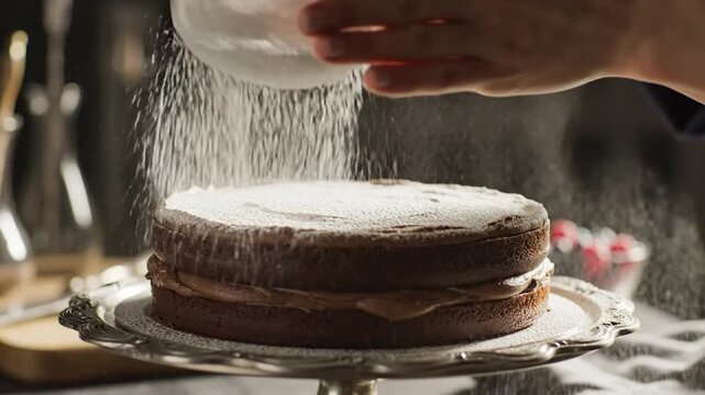 Decorating chocolate cake with powdered sugar sifting baking dessert preparation