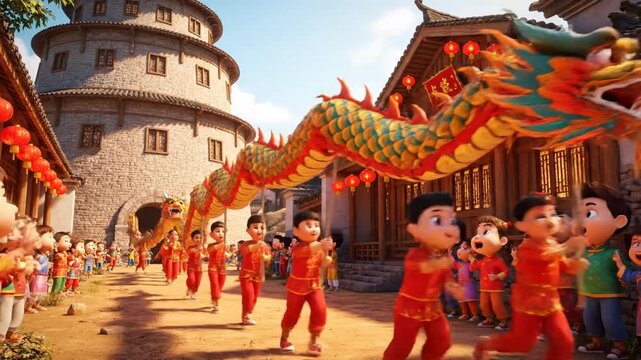 People walking in the city celebrating Chinese New Year festival near ancient Buddhist temple architecture and gold pagoda statues in Asia