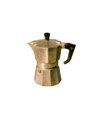 Italian aluminum coffee maker with insulated handle on transparent background. Vintage coffee pot