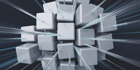 Data transfer abstract concept with glowing tubes and blocks network