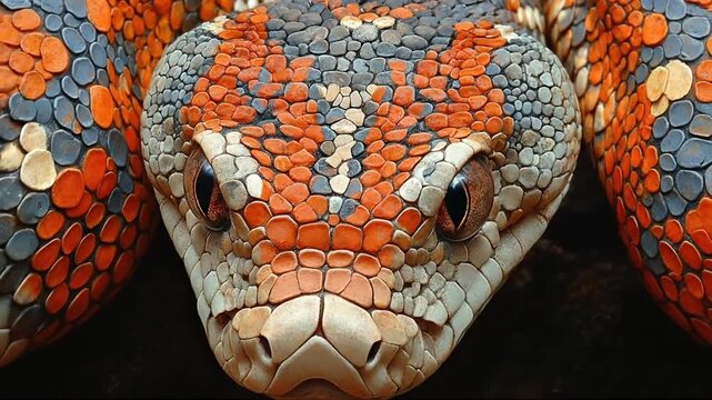 Close-up of a vibrant, patterned snake resting on the ground in a natural habitat