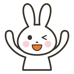 バンザイをして笑顔でウインクするかわいいうさぎのキャラクターの上半身イラスト