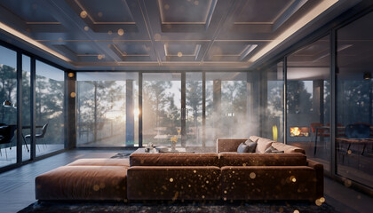 Modern Luxury Living Room with Panoramic Forest View.