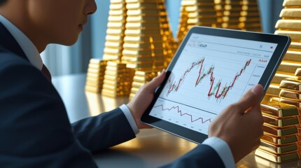 Financial Analytics: A focused individual analyzes market trends on a tablet, surrounded by a display of gold bars, symbolizing wealth and financial acumen.