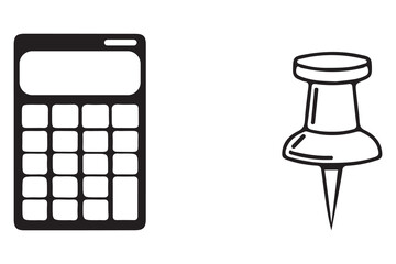 Simple line art illustration of a calculator and a thumbtack isolated on white background