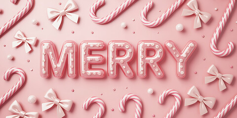 Festive Merry Christmas pink background with candy canes and bows decorations