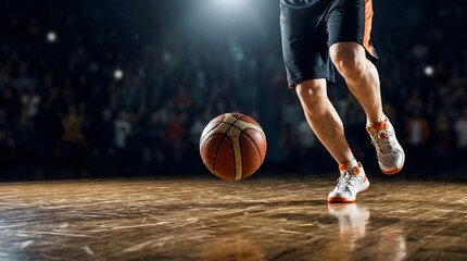 Dynamic basketball action on indoor court showing athlete legs dribbling ball under dramatic lights, professional sport training and competition background
