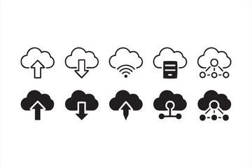 Cloud Computing Icons for Upload, Download, Storage, and Network Infrastructure