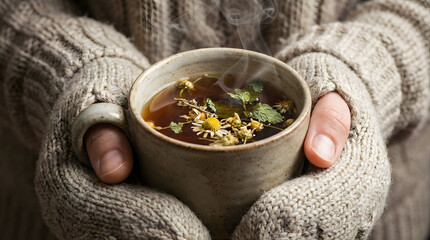 Hands holding a warm cup of herbal tea with flowers and steam rising