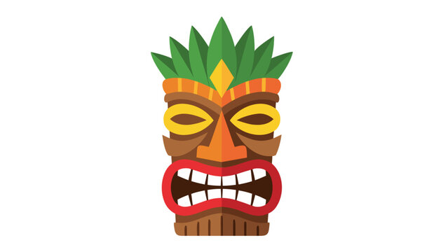 Polynesian Tiki Mask With Green Top And Angry Red Mouth On Black Background