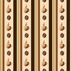 Coffee Seamless Pattern with coffee cups, coffee beans, and vertical stripes, seamless repeat vector for wrapping paper, textile prints, café menus, packaging, stationary, and home décor applications.