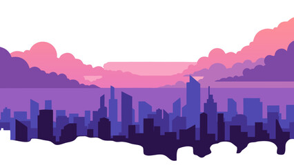 Naklejka premium Pixelated Cityscape at Dusk With Vibrant Pink and Purple Clouds Over Abstract Buildings and Water