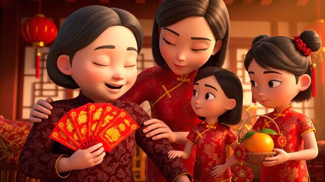 Joyful animated Asian family celebrates Chinese New Year, sharing red envelopes and oranges, embodying festive traditions and happiness.