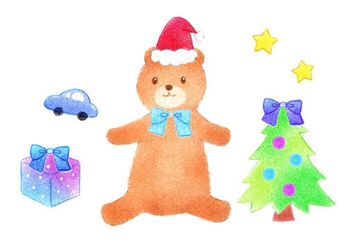 クリスマス 可愛いくまのぬいぐるみ 男の子 手描きイラスト 赤ちゃん 子供向け パステル 色鉛筆 水彩風 Christmas Cute Teddy Bear Boy Hand-drawn Illustration Baby Children's Pastel Colored Pencil Watercolor Style