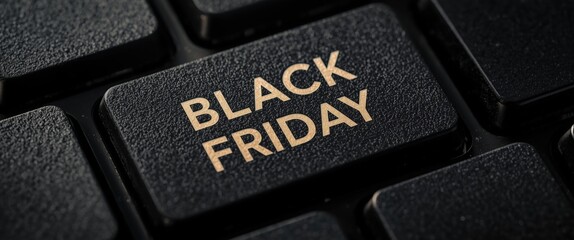 Black keyboard key labeled black friday in gold text suitable for marketing promotions, digital advertising, ecommerce, online sales campaigns.