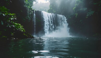 Majestic Waterfall Cascading into a Serene Pool in a Lush Tropical Forest.