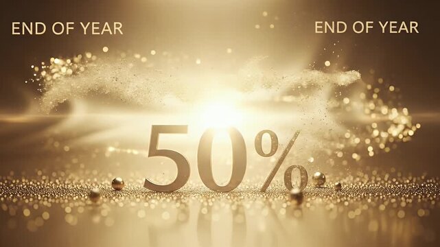 Festive Golden End Of Year Fifty Percent Off Sale Advertisement On Reflective Surface With Sparkling Ornaments