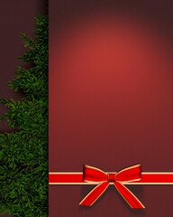 Fototapeta premium Red and golden bow ribbon tying around the wall aside green pine tree Christmas xmas card template.