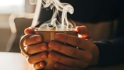 Close-up still and lifestyle image of hands holding a steaming coffee mug in soft light.