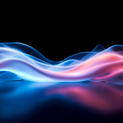Abstract background of flowing neon waves in blue and pink. Luminous and colorful energy lines moving on a dark surface, creating a futuristic and technological visual effect.