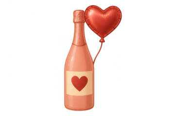 Pink champagne bottle and heart balloon celebrating love