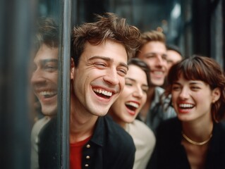 Candid laughter at a modern business meeting through glass walls urban environment close-up view