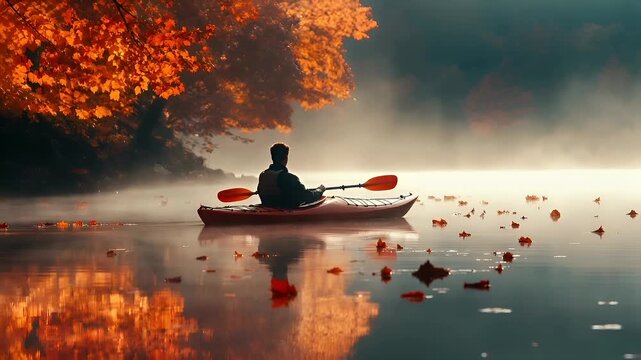 A vivid portrayal of a serene lakeside scene during autumn. The main subject is a person kayaking on a calm, misty lake, surrounded by autumnal foliage. The person is seated in a red kayak.