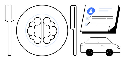 Brain on a plate with cutlery, checklist document, and car symbolizing knowledge consumption, decision-making, and mobility. Ideal for learning, mental health, lifestyle, mindfulness planning