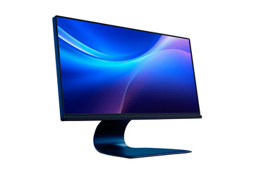 Modern computer monitor displaying abstract blue and purple wave patterns, ideal for technology concepts