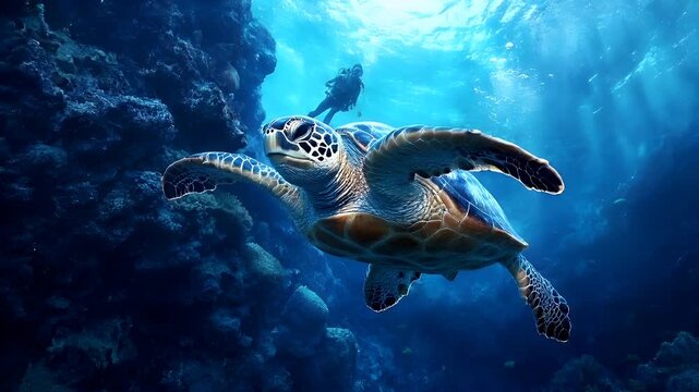 Aerial view of a sea turtle swimming underwater with diver in the background.