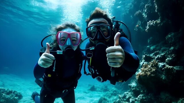 Aerial view of two scuba divers underwater giving thumbsup gesturescuba diver giving thumbs up underwater with coral reef backgroundscubaman giving thumbs thumbsdown gesture underwater.