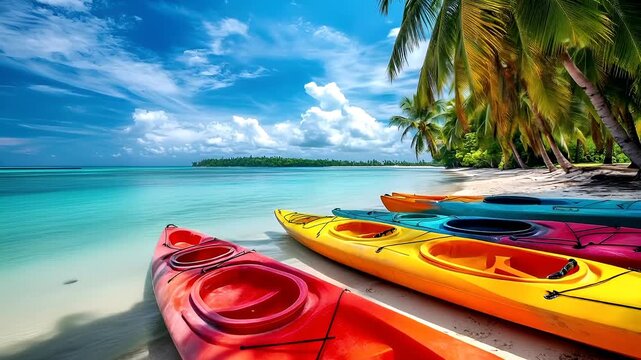 colorful kayaks on sandy beach with turquoise water and clear skypalm trees on a tropical beach under a partly cloudy skycolorful canoes.