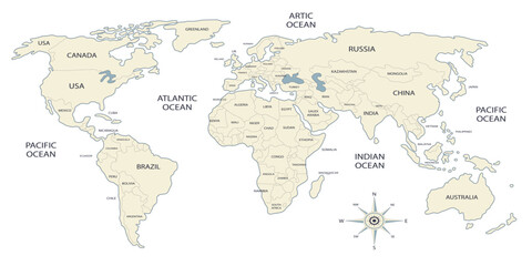 World map with countries names and seas. World map with grid . world map illustration with names
