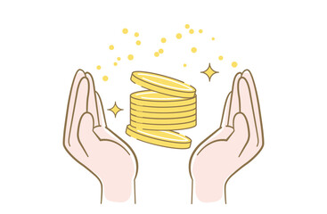 両手で大切にコインを持っているイメージの線画イラスト