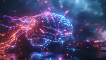 Vibrant Neon Brain with Electrical Impulses Representing AI and Consciousness.