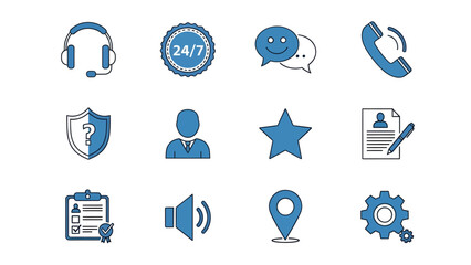 Modern flat line icon set for comprehensive customer assistance, communication tools, business services, and essential support solutions, ideal for user interface and experience designs