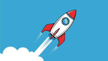 Vibrant cartoon rocket soaring into a clear blue sky, illustrating rapid business growth, successful startup launch, and technological innovation. Symbol of progress, ambition, and future ventures